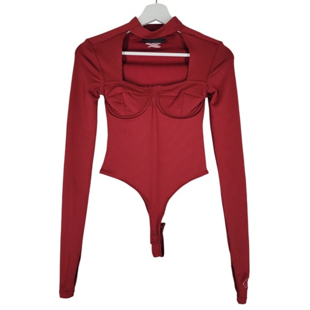 Reebok Cardi B Bodysuit Womens XS Red Ribbed Cutout Long Sleeve Underwire HG5007